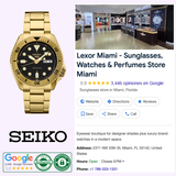 A Seiko Watches SRPK18 Seiko 5 Sports SGP by Seiko Watches appears next to a Google listing for Lexor Miami, a top store offering sunglasses, Seiko Watches, and perfumes, with address, contact info, and stylish interior photos.