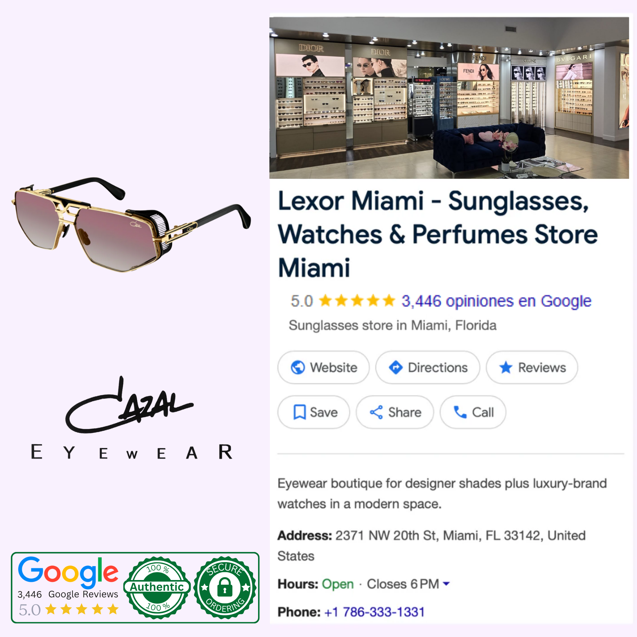 Experience luxury at Lexor Miami—discover the exclusive Cazal Sunglasses MOD 050 Anniversary Edition Gold-Black 001. Visit us to explore iconic styles and see why our Google reviews shine. Contact us for details!.
