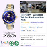Image features an Invicta Men's 26972 Pro Diver Quartz 3 H gold and silver watch, the Invicta Watches logo, and a Lexor Miami store listing with photo, address, hours, phone number, and positive Google reviews. 100% Authentic.