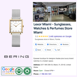 A polished gold Bering Watches Classic 18226-010 is shown beside a Google listing for Lexor Miami—a luxury retailer of sunglasses, watches, and perfumes—with visible location, hours, and ratings.