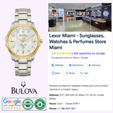 A Bulova Watches Marine Star 98P227 Ladies watch with diamond hour markers is displayed beside a Google business listing for Lexor Miami, which features store details, ratings, and contact info for sunglasses, watches, and perfumes.