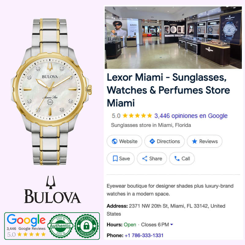Bulova Marine Star 98P227 Ladies watch displayed with Lexor Miami's Google reviews and store details