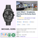 A Michael Kors Watches MK9154 men's watch is displayed beside a Google search result for Lexor Miami - Sunglasses, Watches & Perfumes Store Miami, featuring contact info, ratings, and certification badges.