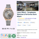A Bering Watches Classic polished/brushed rose gold 18936-769 Women’s watch is shown next to a Google listing for Lexor Miami, a store offering sunglasses, watches, and perfumes with photos, reviews, ratings, address, hours, and contact info.