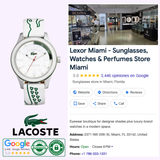 A Lacoste LC2000830 'Sydney' Round Leather Strap Watch by Lacoste Watches is shown beside Lexor Miami’s Google listing for women watches, sunglasses, and perfumes, highlighting a 5-star rating and an interior store photo.