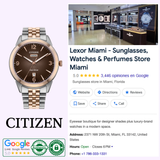 On the left, a Citizen Watches Rolan AW0156-57X by Citizen Watches is shown. On the right, a Google business listing for Lexor Miami displays a store interior, contact details, and a 5-star rating from 3,446 reviews.