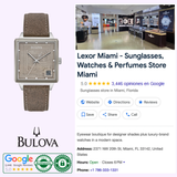 A Bulova Watches 96A314 Ennis House with a textured brown strap is shown next to a Google business listing for Lexor Miami, a store for sunglasses, watches, and perfumes, featuring its 5-star rating and store photo.