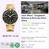 A Bering Watches Classic 18940-732 Men’s wristwatch with signature Scandinavian design is shown beside a Lexor Miami online listing featuring store details, a storefront photo, customer reviews, and Google reviews and Authentic logos.