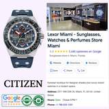 A Citizen Watches JY8156-00L Promaster Sikorsky (UPC 013205165184) with a blue strap is shown beside a Google listing for Lexor Miami - Sunglasses, Watches & Perfumes Store, highlighting the store's storefront, reviews, ratings, and contact info.