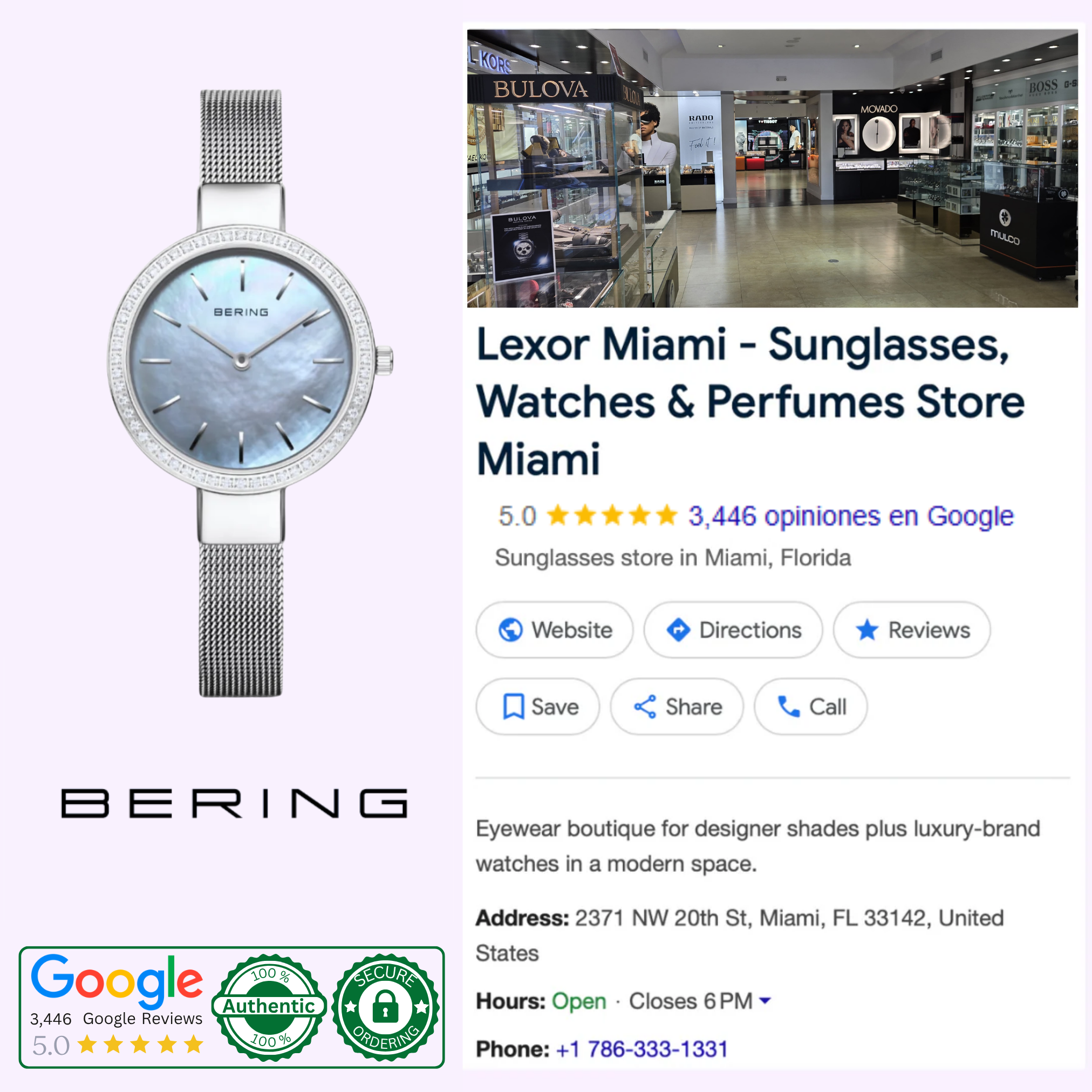 A polished silver Bering Watches Classic 16831-004 for women is displayed next to the Bering logo, with a Google business listing for Lexor Miami, a store featuring sunglasses, watches, and perfumes with authentic ratings.