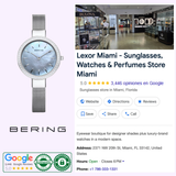 A polished silver Bering Watches Classic 16831-004 for women is displayed next to the Bering logo, with a Google business listing for Lexor Miami, a store featuring sunglasses, watches, and perfumes with authentic ratings.