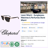 Screenshot of Google listing for Lexor Miami, displaying Chopard SCHC90 300P 56 Unisex Sunglasses by Chopard Sunglasses, the store interior, the Chopard logo, and icons for Google reviews, authenticity, and recycling. Store information and contact details are also visible.