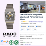 A Rado Watches Anatom Automatic Skeleton R10206109 is displayed on the left, beside a Google result for Lexor Miami - Sunglasses, Watches & Perfumes Store showing details, reviews, and an image of the store’s interior.