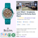 A Bulova Watches 98B446 Snorkel men's dive watch (UPC 042429603509) with a turquoise strap is shown beside a high-rated Google listing for Lexor Miami, a store selling sunglasses, watches, and perfumes with details and hours displayed.
