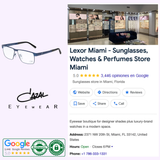 Google listing for Lexor Miami sunglasses store, showcasing a modern shop interior with the Cazal Sunglasses logo, a product image of authentic CAZAL 7073 C 002 59/13/145 NIGHTBLU Unisex Sunglasses and other designer eyewear, 5-star customer reviews, authenticity badges, a curated selection of unisex sunglasses including the latest from Cazal, and complete store contact information.