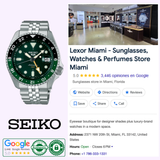 A Seiko Luxe Watches SSK035 Sports SKX Sports Style GMT with a green and black face is displayed beside a Google business listing for Lexor Miami, a 5-star rated store with 3,000+ reviews selling sunglasses, watches, and perfumes.