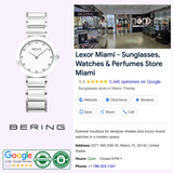 On the left is a Bering Watches Ceramic 11429-754 women’s watch with minimalist Scandinavian design and the Bering Watches logo below. On the right, a Google listing for Lexor Miami luxury women’s watch retailer shows 5-star reviews, location, and contact info.