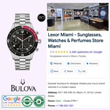 On the left, a Bulova Watches 98B451 men's chronograph in gold and silver stainless steel is shown. On the right, a Google listing for Lexor Miami sunglasses and watch store displays interior photos, address, and contact info.