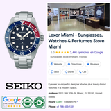 A Seiko Watches Prospex Sea SNE595 by Seiko Luxe Watches with a blue/red bezel is displayed next to a Google search for Lexor Miami, a top-rated Miami sunglasses and watches store known for its 5-star reviews and contact info.