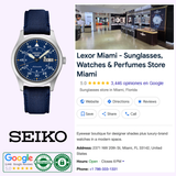 The Seiko Watches 5 Sports SKX series SRPH31, featuring a blue dial and fabric strap, is shown next to a Google listing for Lexor Miami—a top-rated luxury boutique in Miami offering Seiko Watches, sunglasses, and perfumes.