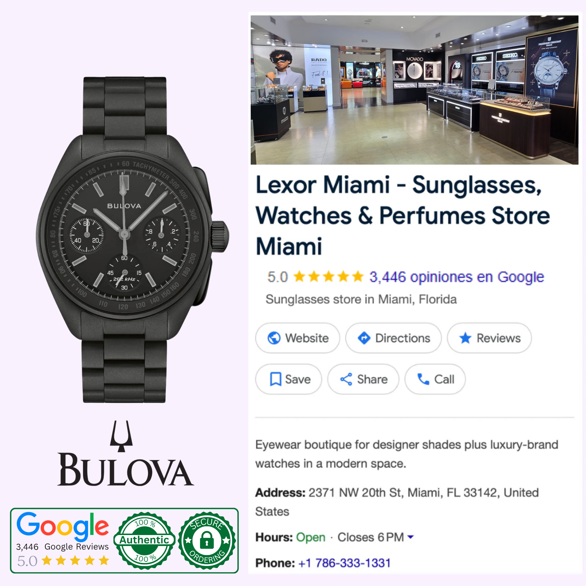 On the left is a Bulova Watches Lunar Pilot Black Hole 98A335 Limited Edition chronograph. On the right, a Google listing for Lexor Miami shows store images, location info, and five-star reviews.