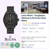 On the left is a Bulova Watches Lunar Pilot Black Hole 98A335 Limited Edition chronograph. On the right, a Google listing for Lexor Miami shows store images, location info, and five-star reviews.