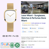A Bering 18034-334 Classic Gold Stainless Steel Mesh Strap Women watch by Bering Watches is shown next to a Google listing for Lexor Miami, displaying its photo, ratings, location, contact info, and business hours.