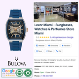 A Bulova Maquina 98A318 watch by Bulova Watches with a blue strap is displayed beside a Google business listing for Lexor Miami, a store selling sunglasses, watches, and perfumes, showing reviews, address, hours, and contact details.