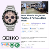 A Seiko Luxe Watches Prospex Speedtimer SSC963 is shown beside a Google search for Lexor Miami, displaying its 5-star rating, store photos, address, contact details, and trust badges at the bottom.