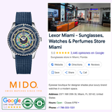 A Mido Watches SPECIAL EDITION OCEAN STAR DECOMPRESSION WORLDTIMER M026.829.17.041.00 Men's watch with an extra strap is pictured next to a 5-star Google listing for Lexor Miami, a sunglasses and perfumes store in Miami, Florida.