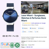 A Bering Watches 14539-307 Classic Blue Unisex watch with stainless steel mesh strap is listed on Google for Lexor Miami, a Miami store offering sunglasses, watches, and perfumes, with ratings, address, contact details, hours, and storefront image.