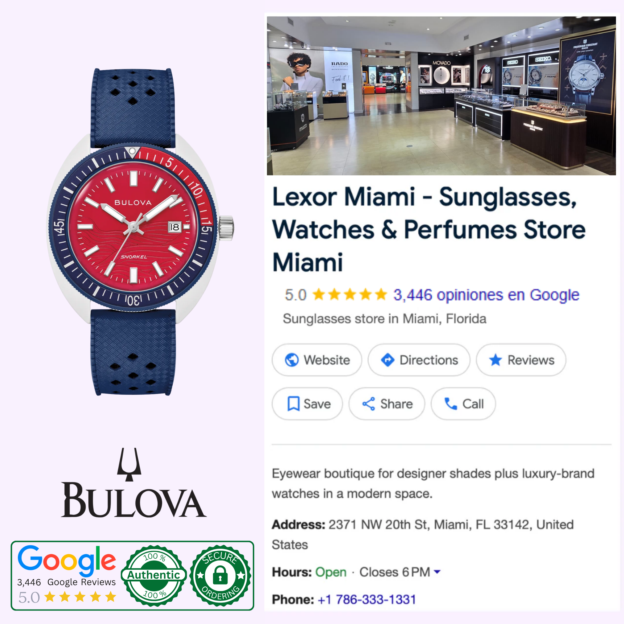 Bulova Watches HNBR Rubber Snorkel 98B474 Special Edition with a red face and blue HNBR strap next to a Google listing for Lexor Miami, displaying store photos, ratings, contact info, authenticity labels, and reviews.