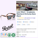 Collage featuring Persol 0PO3272S 24/48 Havana-Polar black Unisex Sunglasses (UPC: 8056597808705), the Persol logo, Google reviews, certification badges, and Lexor Miami’s Google business listing with a photo of its modern interior.