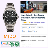 A collage showcasing the Mido Watches Ocean Star 200C Titanium M0424304405100, the exterior and interior of the Lexor Miami store, its 5-star Google profile, plus official Mido Watches and Google Authentic badges.