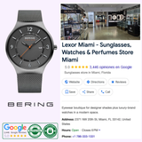 A Bering 14441-377 Solar Stainless Steel Mesh Strap Men’s Watch by Bering Watches is displayed beside a Google business listing for Lexor Miami, a boutique selling sunglasses and watches, showing store photo, address, ratings, and contact.