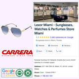 Lexor Miami eyewear store showcases Carrera Sunglasses CARRERA 1067/S (UPC: 716736983004), gold-tone metal pilot frames. View reviews, store info, hours, contact details, Carrera logo, authentication badges, Google rating, and store/pilot frame images.