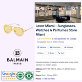 Screenshot of Lexor Miami’s Google listing with 5 stars from 3,446 reviews, store info, eyewear boutique details, and review badges. Features yellow Balmain BPS-125C-62 Capitane Unisex Sunglasses—ideal designer eyewear for all.