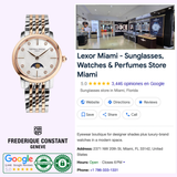 A Frederique Constant Classics Slimline Ladies Moonphase watch (FC-206MPWD1S2B) is shown next to a Google listing for Lexor Miami, a retailer of sunglasses, watches, and perfumes with reviews, location, hours, and contact info visible.