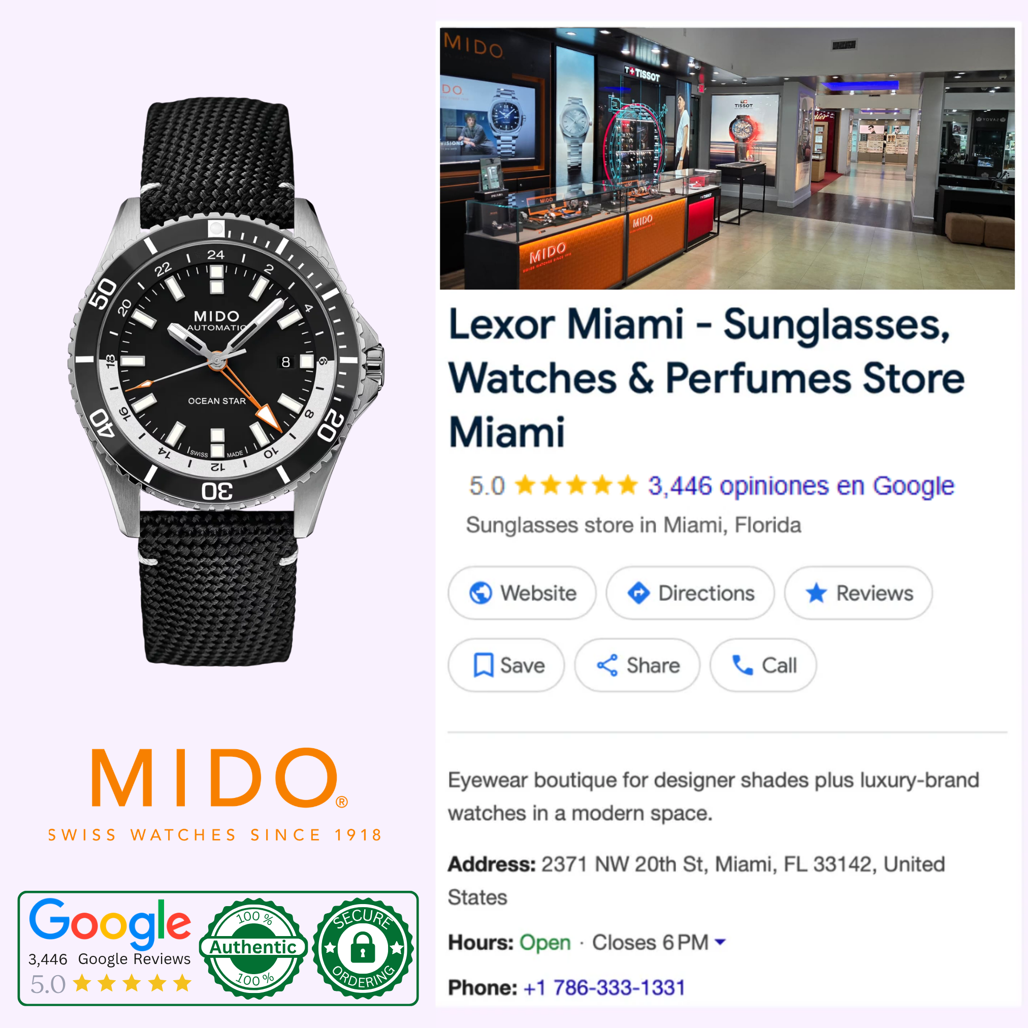 A collage featuring the Mido Watch Ocean Star GMT M0266291705101, the Mido Watches logo, 5-star Google reviews, certification badges, and a Google search for Lexor Miami—your destination for Mido Watches Miami, sunglasses, and perfumes.