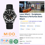 A collage featuring the Mido Watch Ocean Star GMT M0266291705101, the Mido Watches logo, 5-star Google reviews, certification badges, and a Google search for Lexor Miami—your destination for Mido Watches Miami, sunglasses, and perfumes.