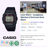 A CASIO G-Shock Watch DIGITAL DW5000R-1A by G-Shock Watches is shown next to a Google business listing for Lexor Miami, which features sunglasses, watches, and perfumes with store details and reviews visible.