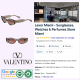 Collage showcasing Valentino Sunglasses V-TRE VLS-101C-51 woman sunglasses, VLogo frames, Lexor Miami’s high-rated Google profile, store interior photos, address, contact info, and certification badges—highlighting luxury eyewear and accessories.