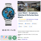 A Bering 11743707 Titan Chrono men's watch is displayed beside Lexor Miami store info, including a 5-star Google rating, location, contact details, authenticity badges, and Bering Watches logos.