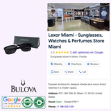 Showcase of the Lexor Miami store interior featuring sunglasses and watch counters, highlighted by Bulova 777 Black Sun Protecting Sunglasses from Bulova Sunglasses and a Bulova watch box displayed next to them. The bottom section includes store details, 5-star Google reviews, contact information, and the Bulova logo.
