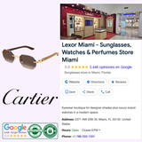 Collage featuring Cartier Sunglasses CT0439S-006 54 Men, the Cartier Sunglasses logo, and a Google business listing for Lexor Miami with store photos, contact info, and positive review badges.