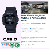 The left displays the digital G-Shock Watches CASIO G Shock Watch 5600 SERIES DW5600HR-1 and its logo; right shows Lexor Miami’s Google business listing with photo, hours, address, contact info, ratings, and badges.