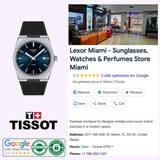 Advertisement showcasing the Tissot T1374101704100 PRX watch by Tissot Watches, with luminous dial and logo, featured in Lexor Miami’s Google business listing—a modern-vintage Miami store for watches, sunglasses, perfumes with reviews and contact info.