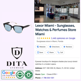 A collage featuring Dita 19014-A-BLK-GLD-55 Unisex Sunglasses by Dita Sunglasses, Lexor Miami store info including reviews, map, photo, Google ratings, certifications, Made in Japan note, DITA logo, contact details and store address.