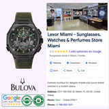 Bulova 98B355 Precisionist Men Watch by Bulova Watches with a green strap is shown beside a Google business listing for Lexor Miami, a boutique offering sunglasses, watches, and perfumes, with visible store interior, location info, and high ratings.