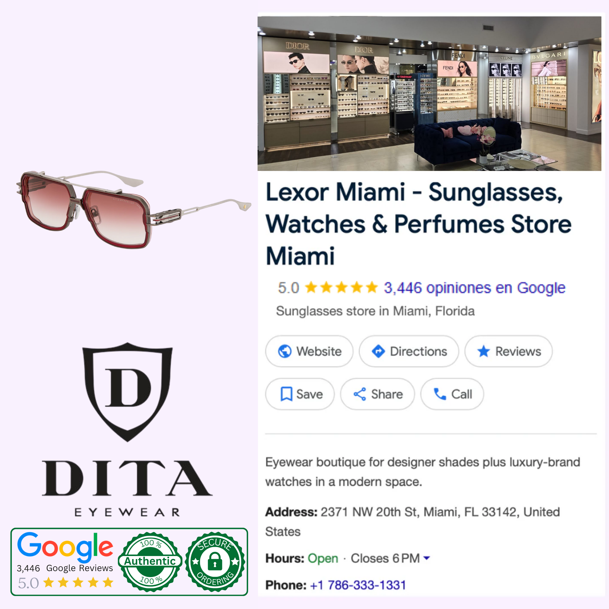 Collage with Dita Sunglasses branding, boutique interior showing the HYPERLUX-1000 DTS470-A-03 (UPC 0810187661358), pink-tinted frames, Lexor Miami location in Florida, customer ratings, and contact info.